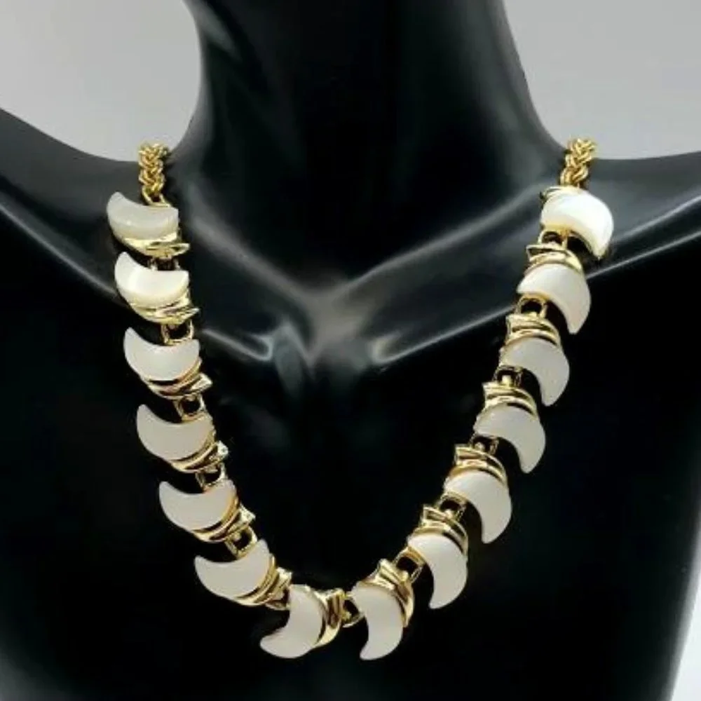 Gold-Tone & Thermoset Pearlescent Crescent Moon Necklace - Picture 1 of 9